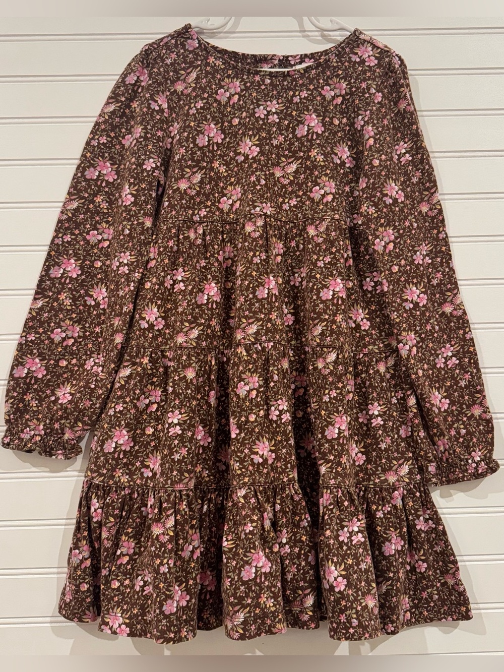 Savannah Girls Size 7 Brown Pink Floral Tiered Cotton Dress